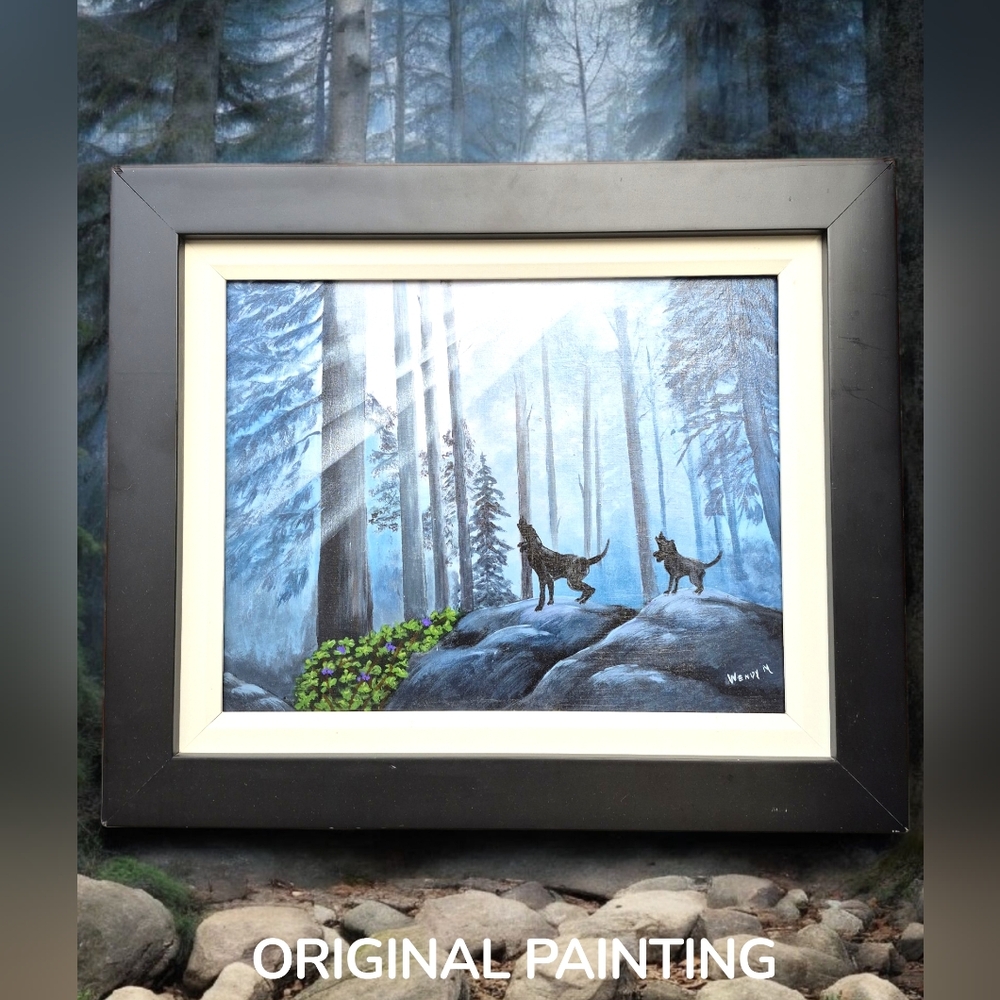 Signed Original Acrylic Painting "Dogs Howling" In A Forest in Black Frame 11x14